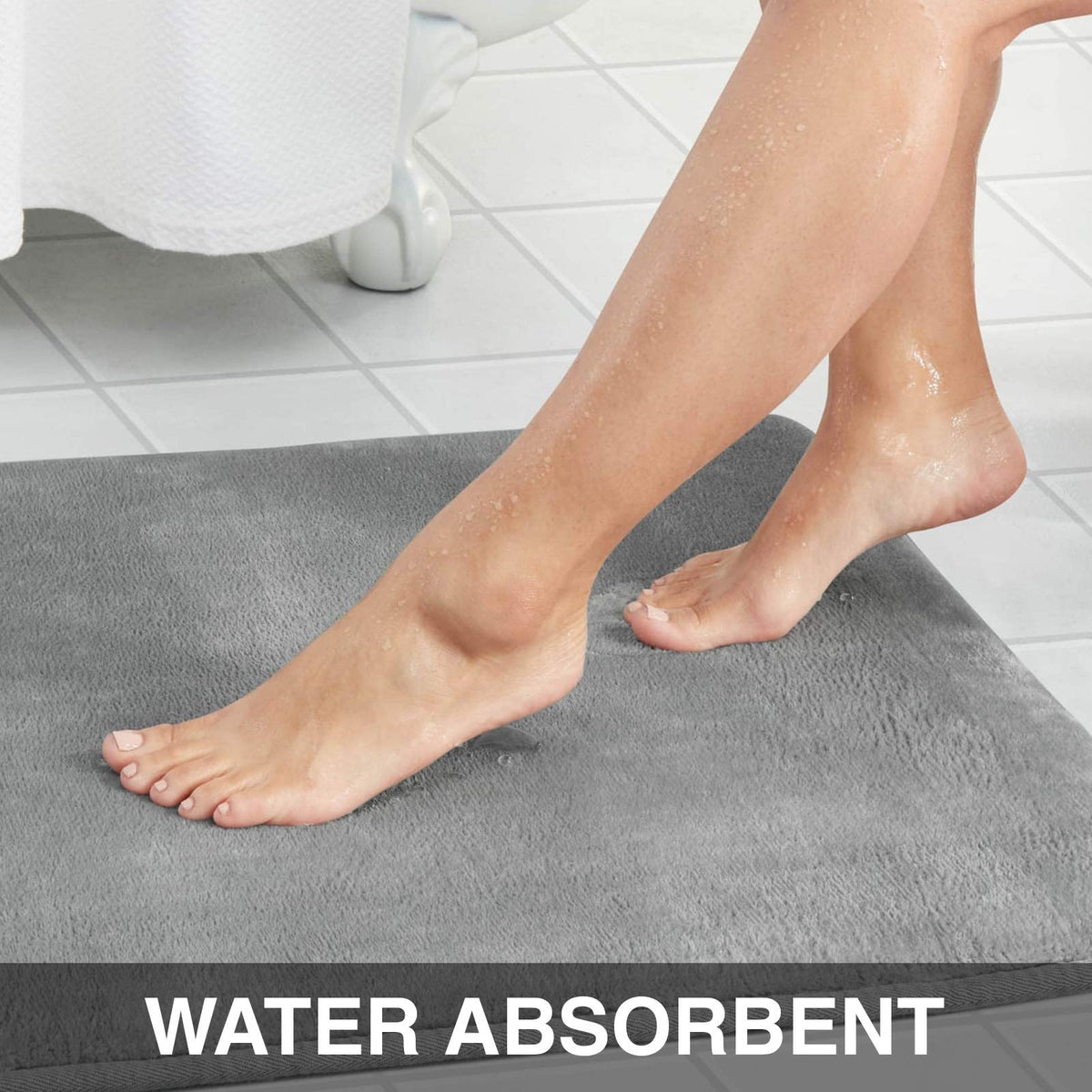 Genteele grey memory foam bath mat 20x32 inches for roomy comfort.