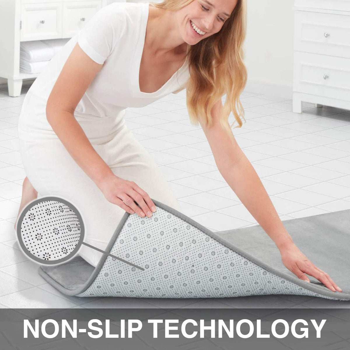 Genteele memory foam bath mat with absorbent velvet surface soaks up water.