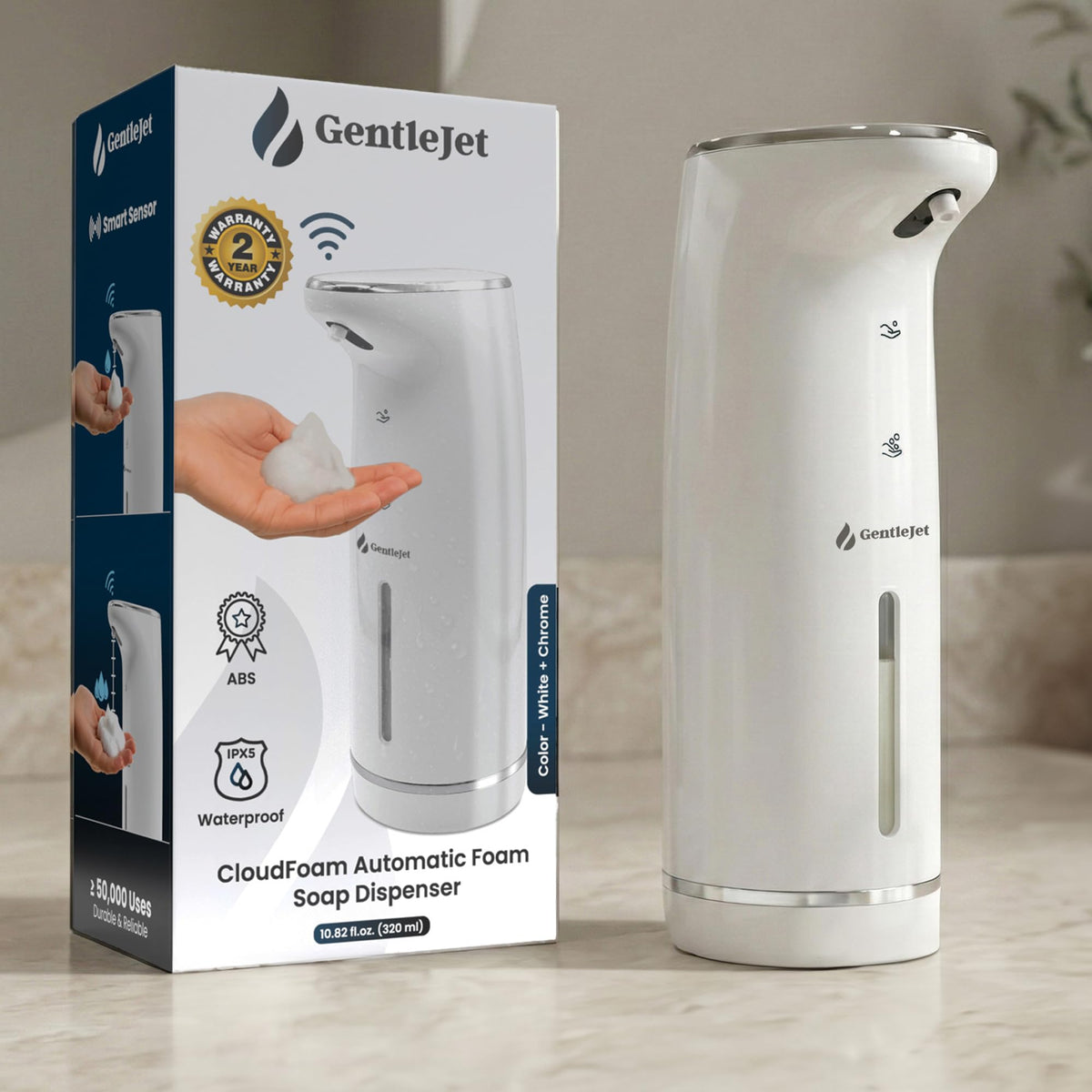 GentleJet Cloudfoam dispenser front view showing family friendly design for shared sinks