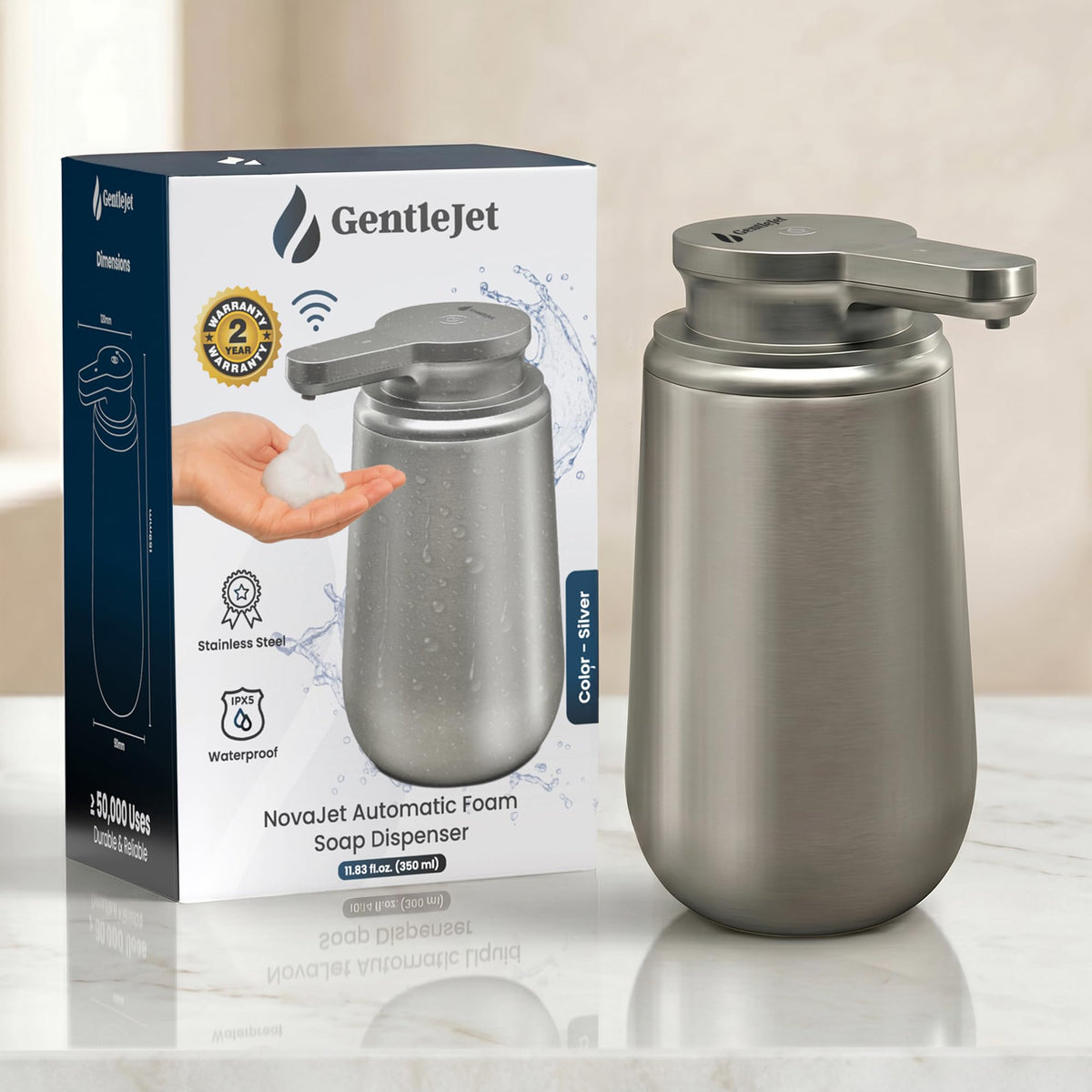 GentleJet NovaJet automatic foaming dispenser nozzle close-up showing smooth foam