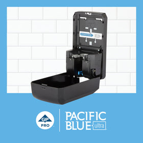 Georgia-Pacific Pacific Blue Ultra dispenser battery compartment open highlighting easy access for maintenance