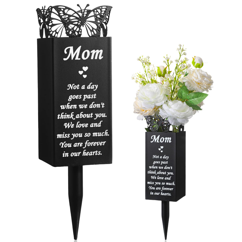 Geosar cemetery vase with butterfly top for enduring grave remembrance.
