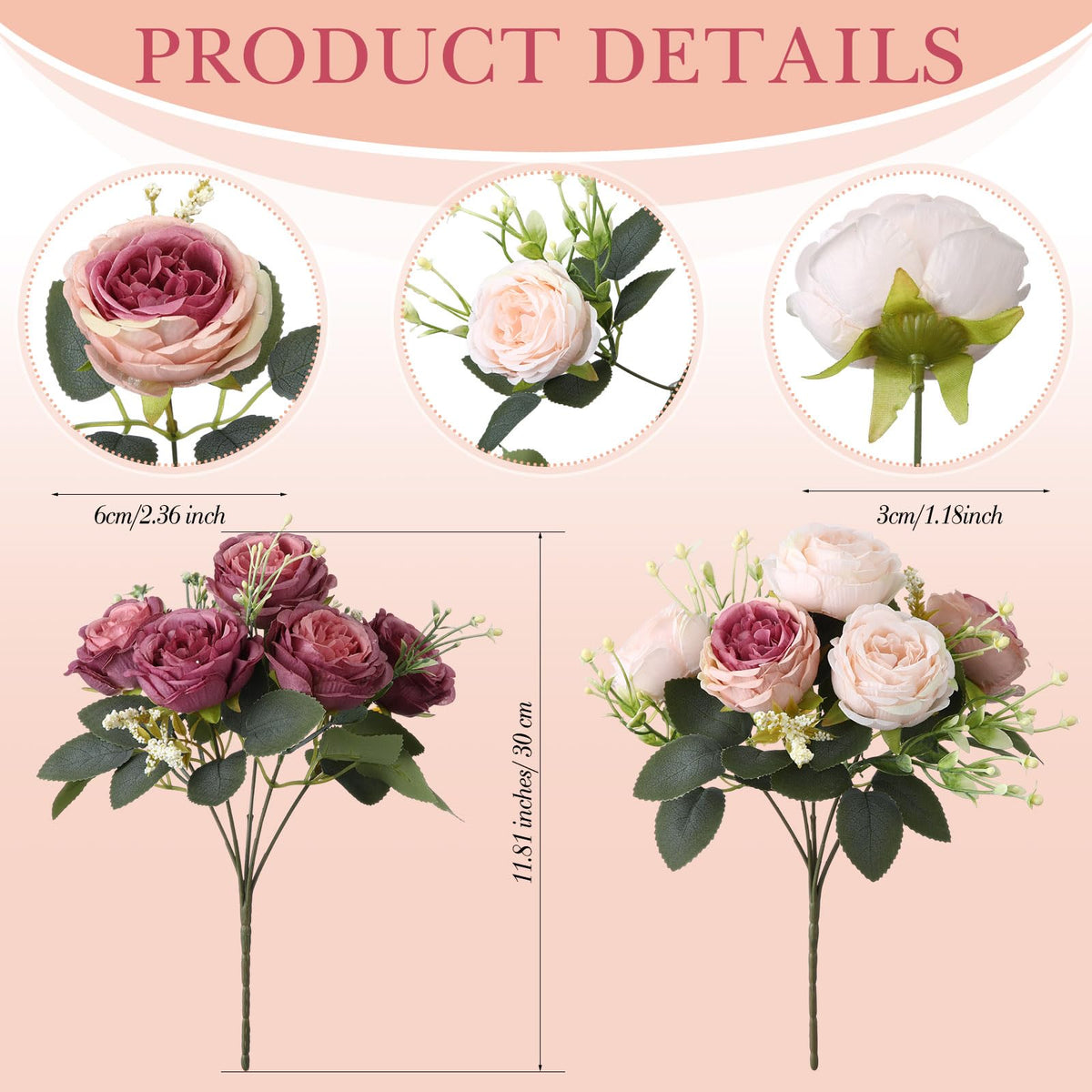 Geosar dusty pink artificial peonies bouquet closeup blooms for lifelike texture.