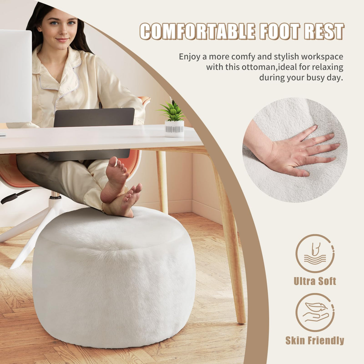 Gericco 20-inch round pouf provides a compact, stylish footprint.