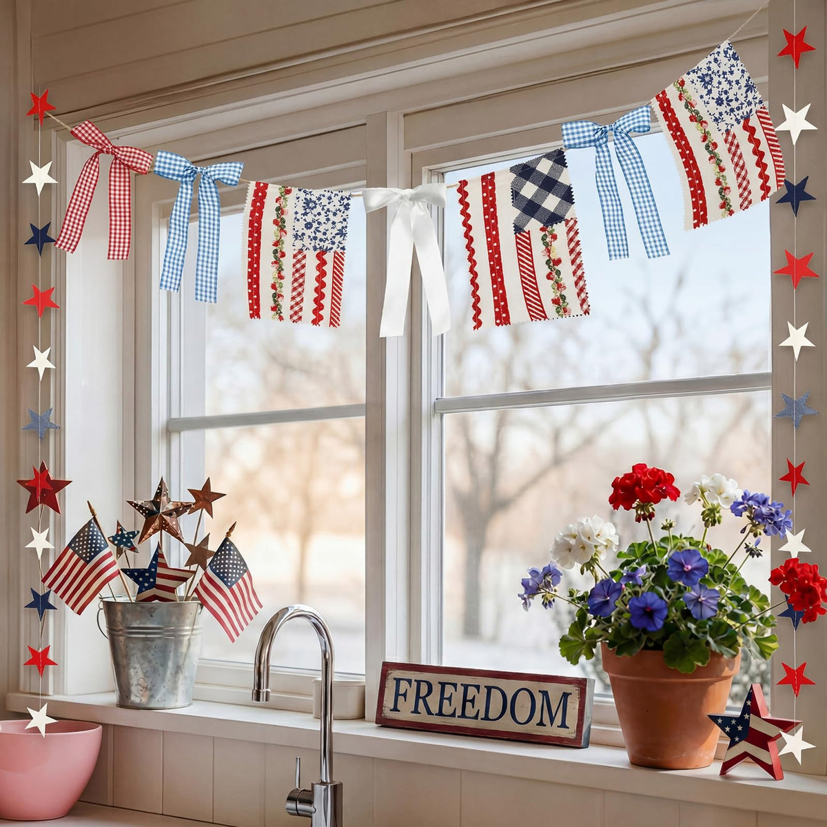 Gersoniel patriotic garland with flags and bows for mantel or wall decor.