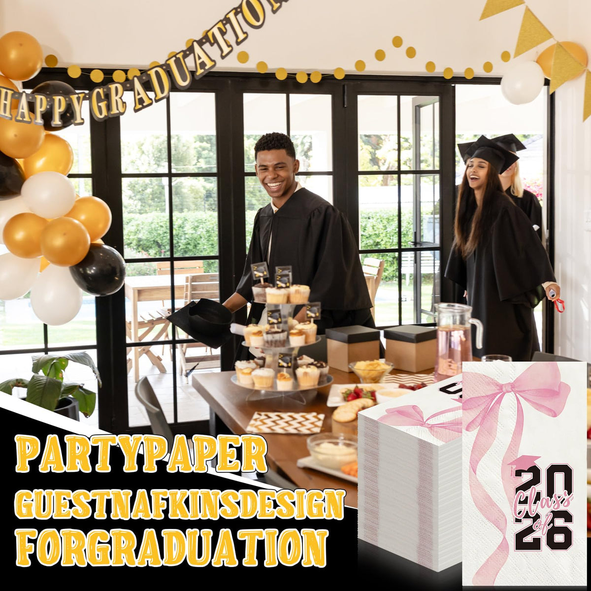 Gersoniel pink bow napkin detail adds a festive touch to graduation decor.