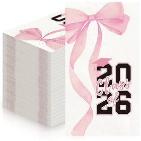 Gersoniel pink bow graduation napkins on a celebratory table setting for Class of 2026.