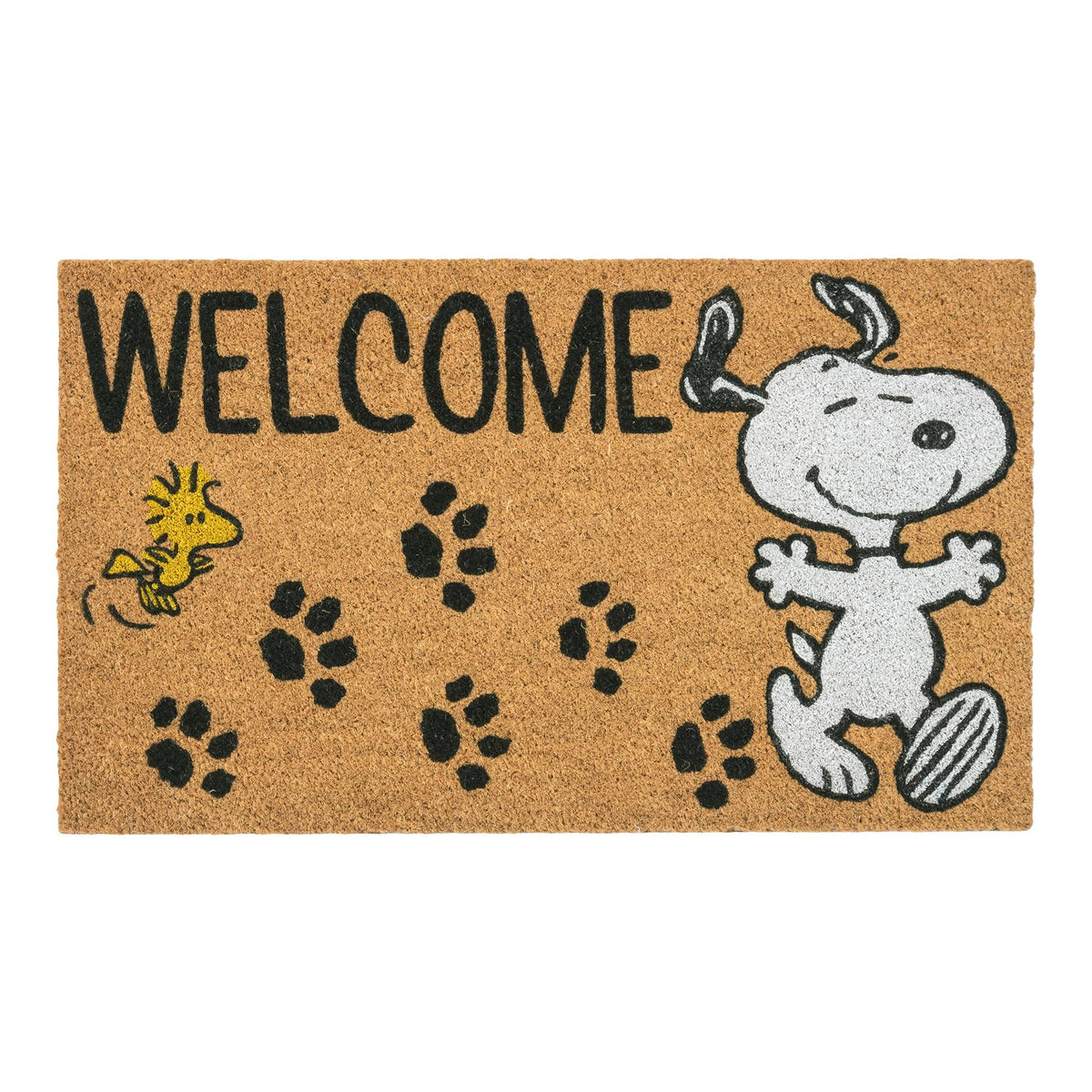 Gertmenian Peanuts Snoopy coir doormat close-up weave highlighting natural fibers and durability.