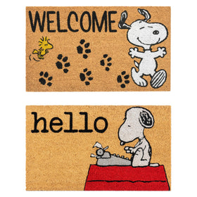 Gertmenian Peanuts Snoopy coir doormat entryway setup, traps dirt and dries quickly.
