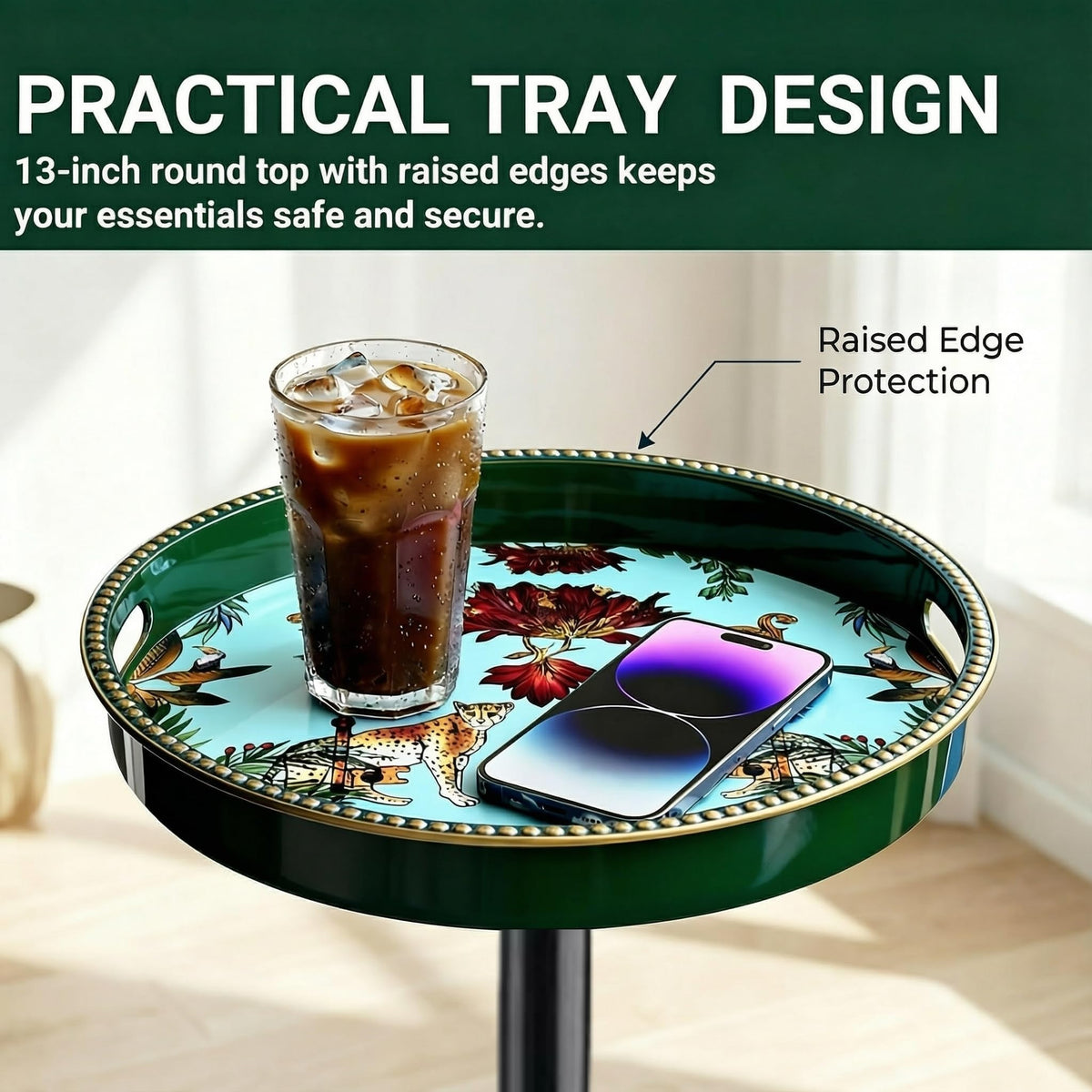 Gesodant single-leg round table in green leopard saves space