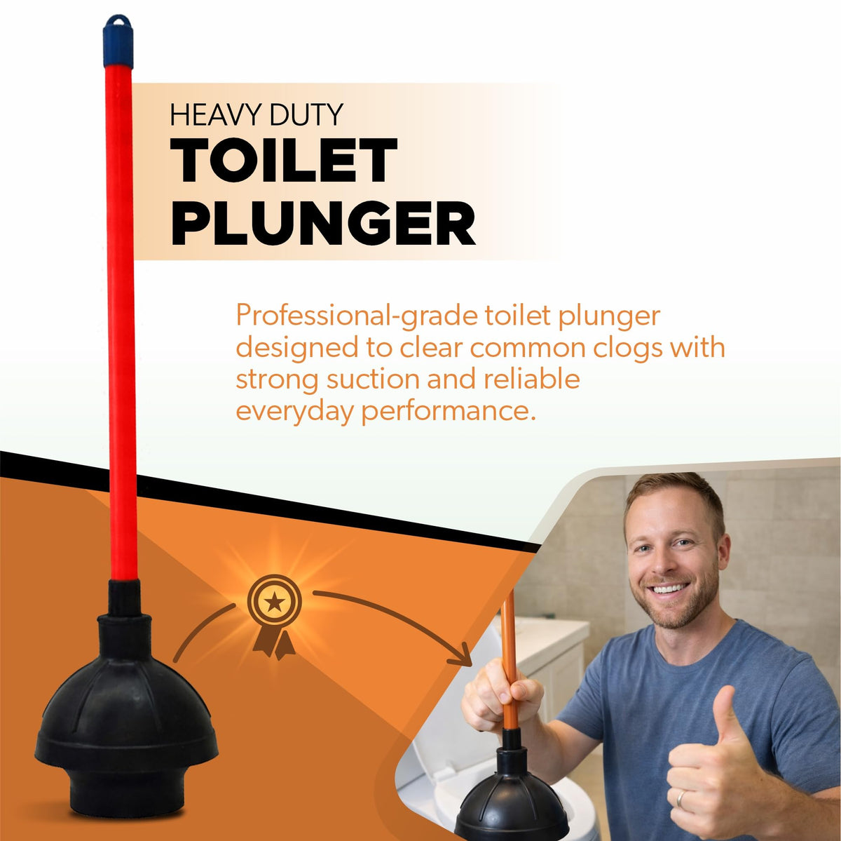 Get Bats Out red-handle plunger offers ergonomic grip for comfortable plunging