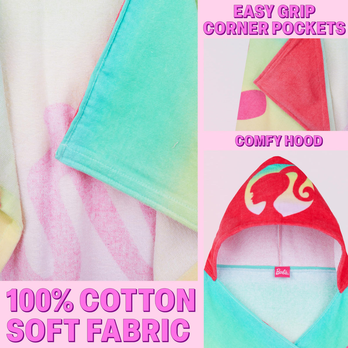 Get Trend Barbie bath towel close up, soft cotton for gentle drying.