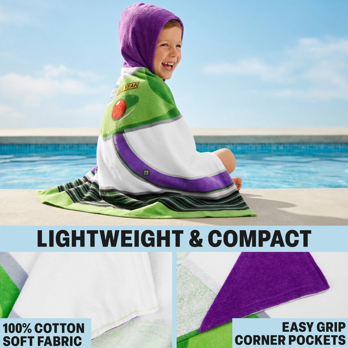 Get Trend Buzz Lightyear hooded towel worn on child after swimming.