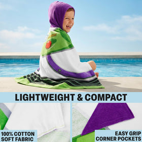Get Trend Buzz Lightyear hooded towel worn on child after swimming.