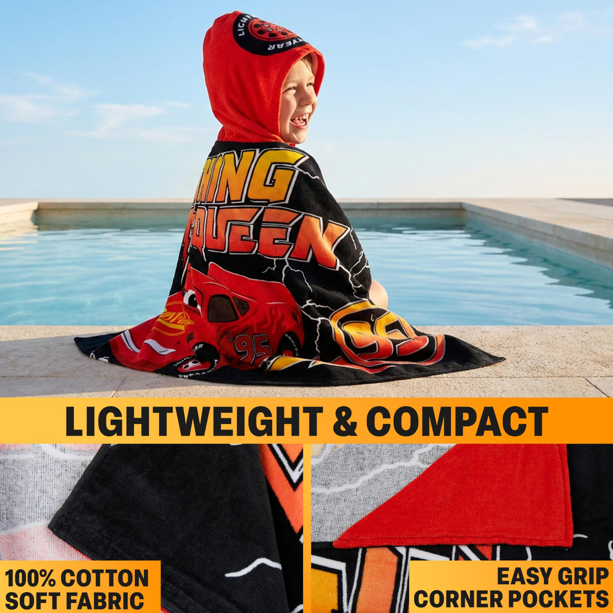 Get Trend Disney Cars towel poncho keeps kids dry and hands-free at the pool.
