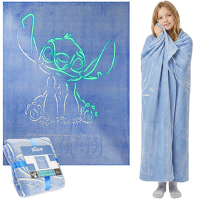 Get Trend Disney Stitch glow-blanket blue front view for cozy family nights