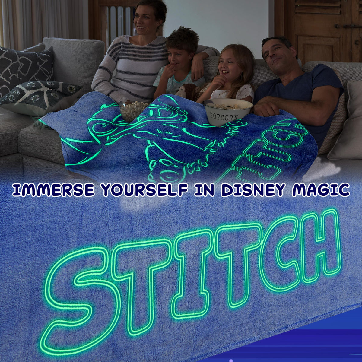 Get Trend Disney Stitch glow-blanket blue bed scene for restful evenings and snuggle time