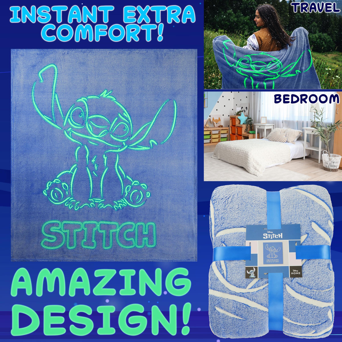 Get Trend Disney Stitch glow-blanket blue glow effect in dim light enhances bedtime ambiance