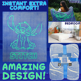 Get Trend Disney Stitch glow-blanket blue glow effect in dim light enhances bedtime ambiance