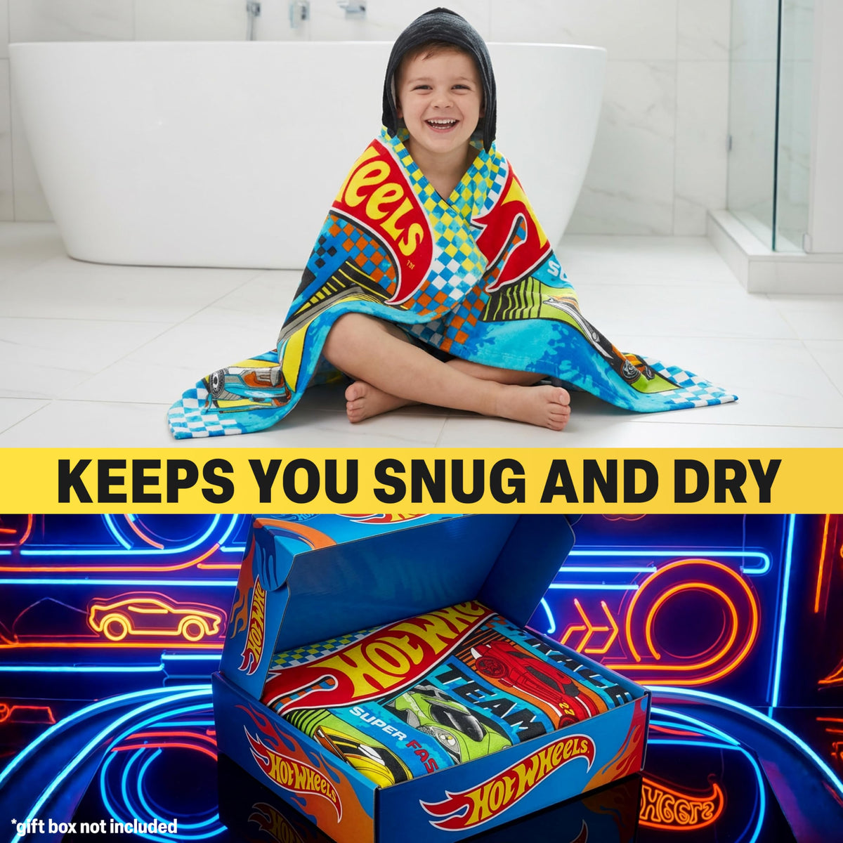 Get Trend Hot Wheels bath towel with hood helps kids stay warm.