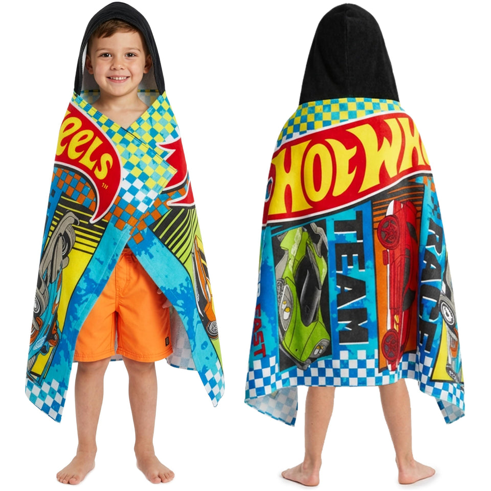 Get Trend Hot Wheels hooded towel with cars print, perfect for cozy post-bath time.