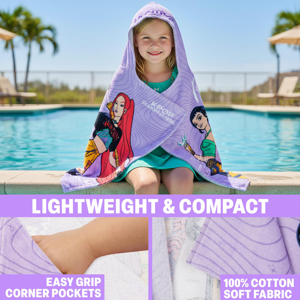 Get Trend girls hooded towel 29.5 x 49.2 inches for full-body coverage after swimming.