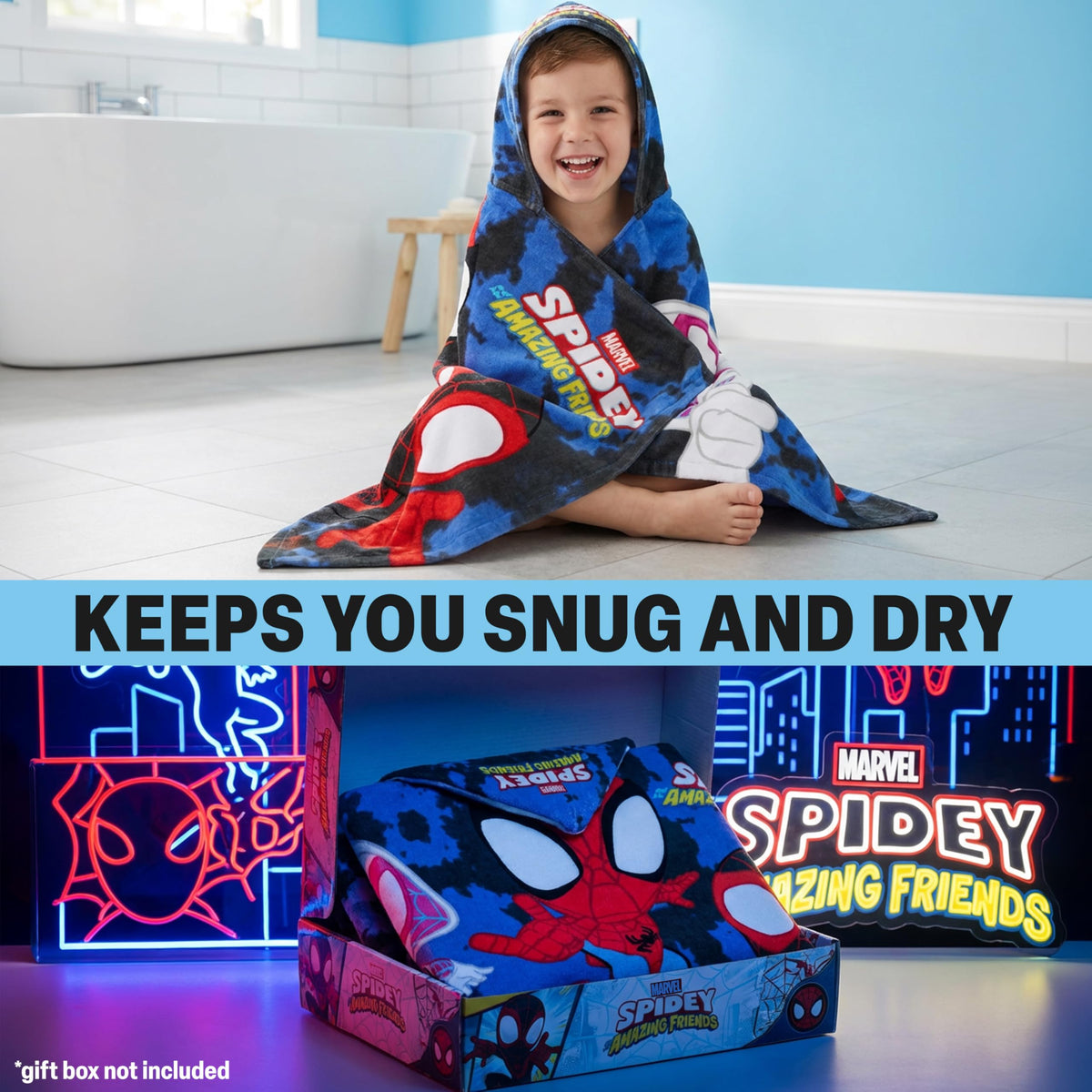 Get Trend Marvel Spidey kids towel provides secure hooded coverage