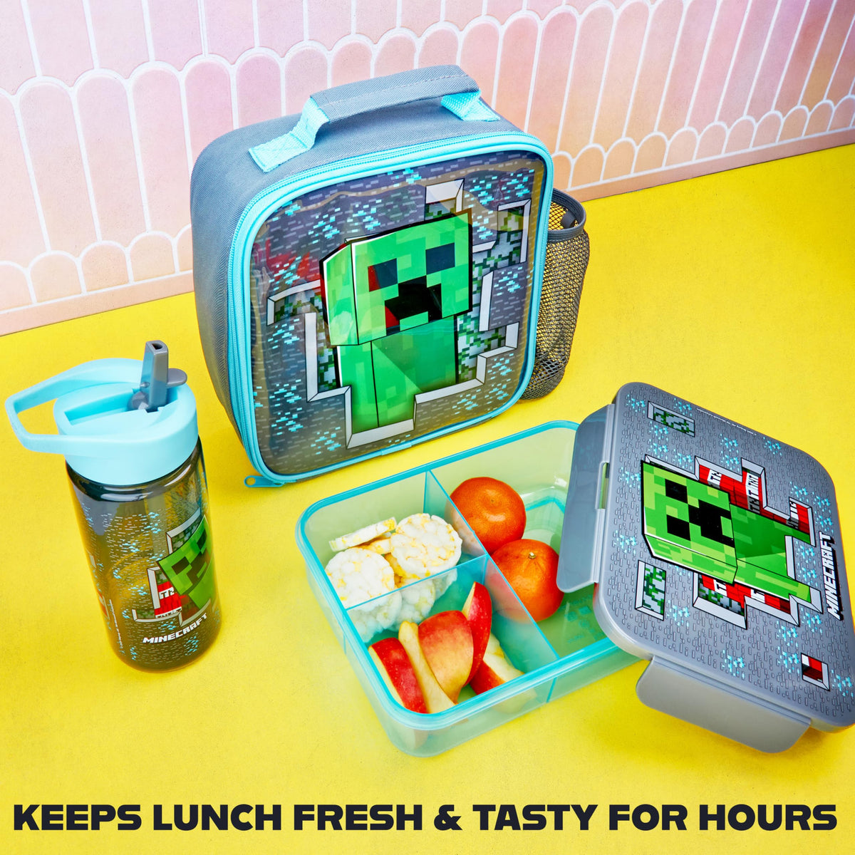 Get Trend Minecraft soft-touch lunch box that's easy for small hands to open.
