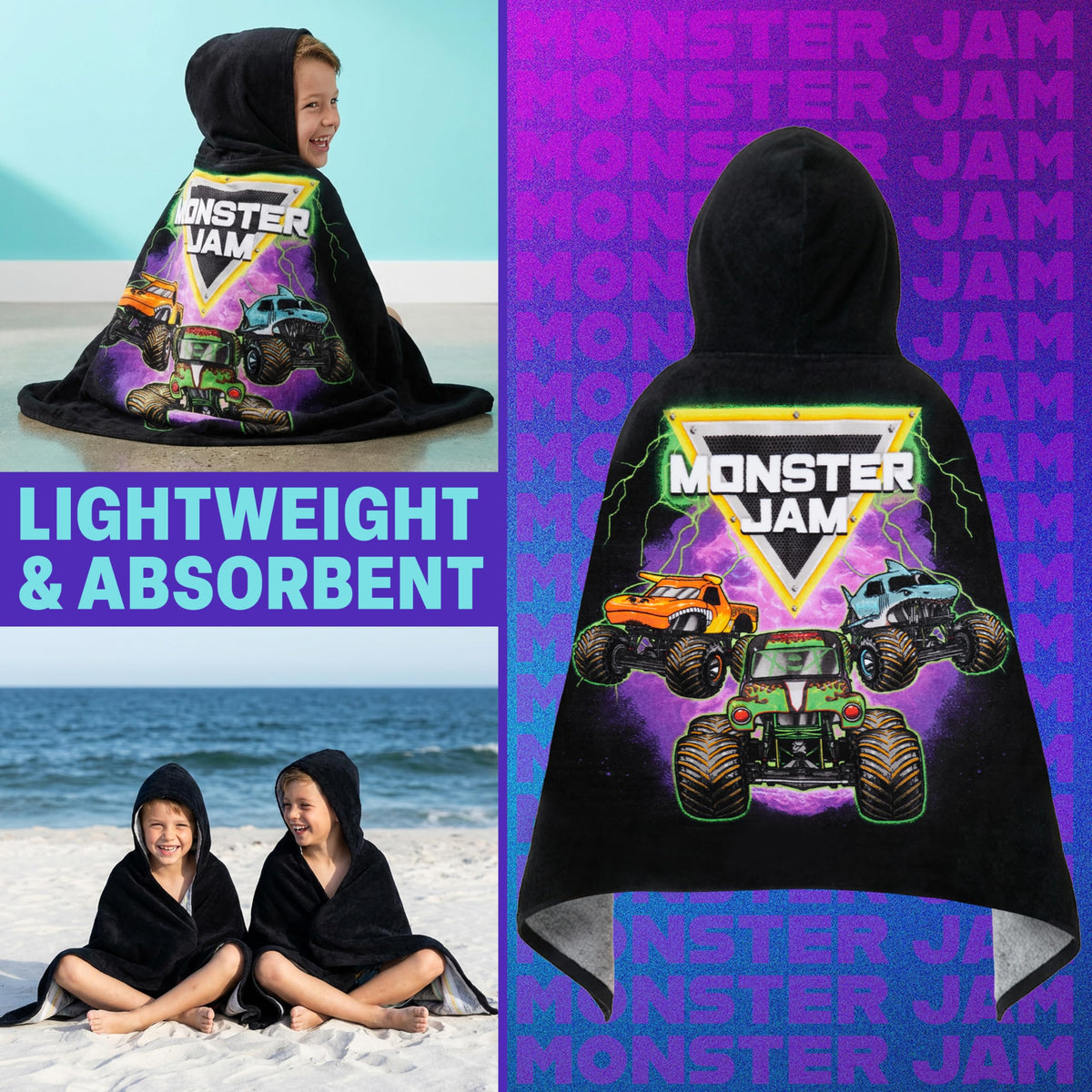 Get Trend Monster Jam hooded towel graphic featuring Digatron for versatile beach or pool use.