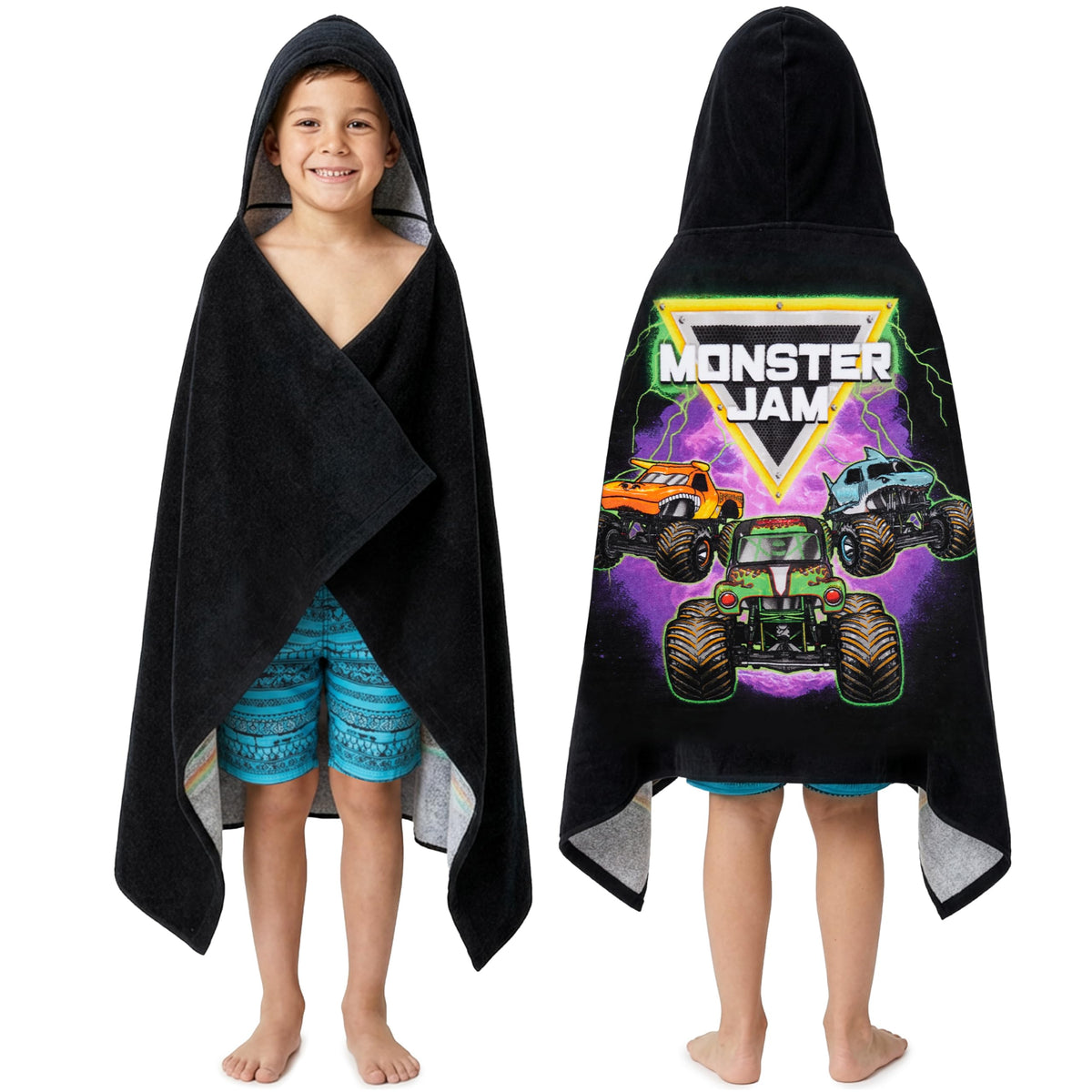 Get Trend Monster Jam hooded towel with Grave Digger graphic for quick hair drying after swimming.