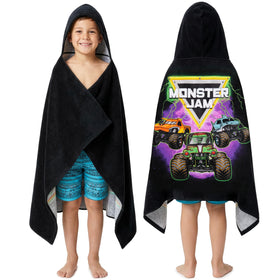 Get Trend Monster Jam hooded towel with Grave Digger graphic for quick hair drying after swimming.