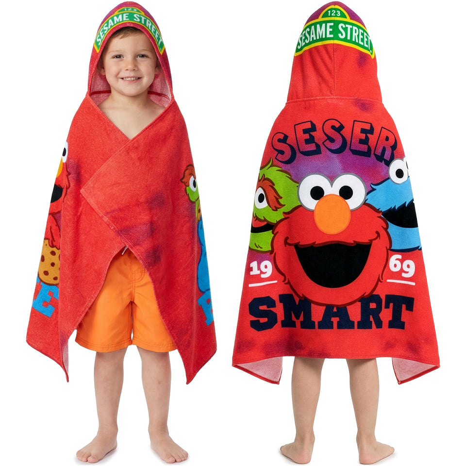 Get Trend Sesame Street hooded towel with Elmo design and corner pockets for easy wrapping