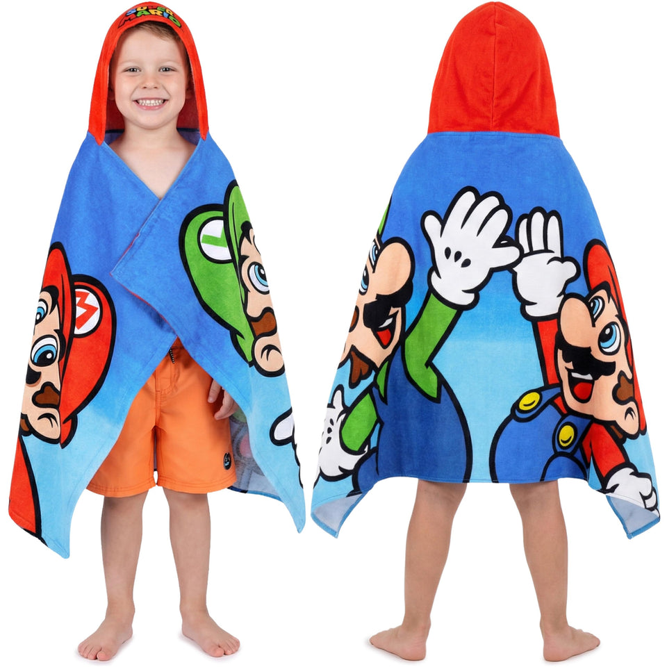 Get Trend Super Mario hooded towel front view with vibrant design for fun bath time.