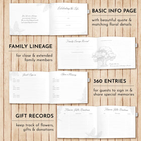 GetProducts elegant white funeral guest book elastic band keeps memories secure.