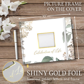 GetProducts elegant white funeral guest book open pages show 360-entry layout for memories.