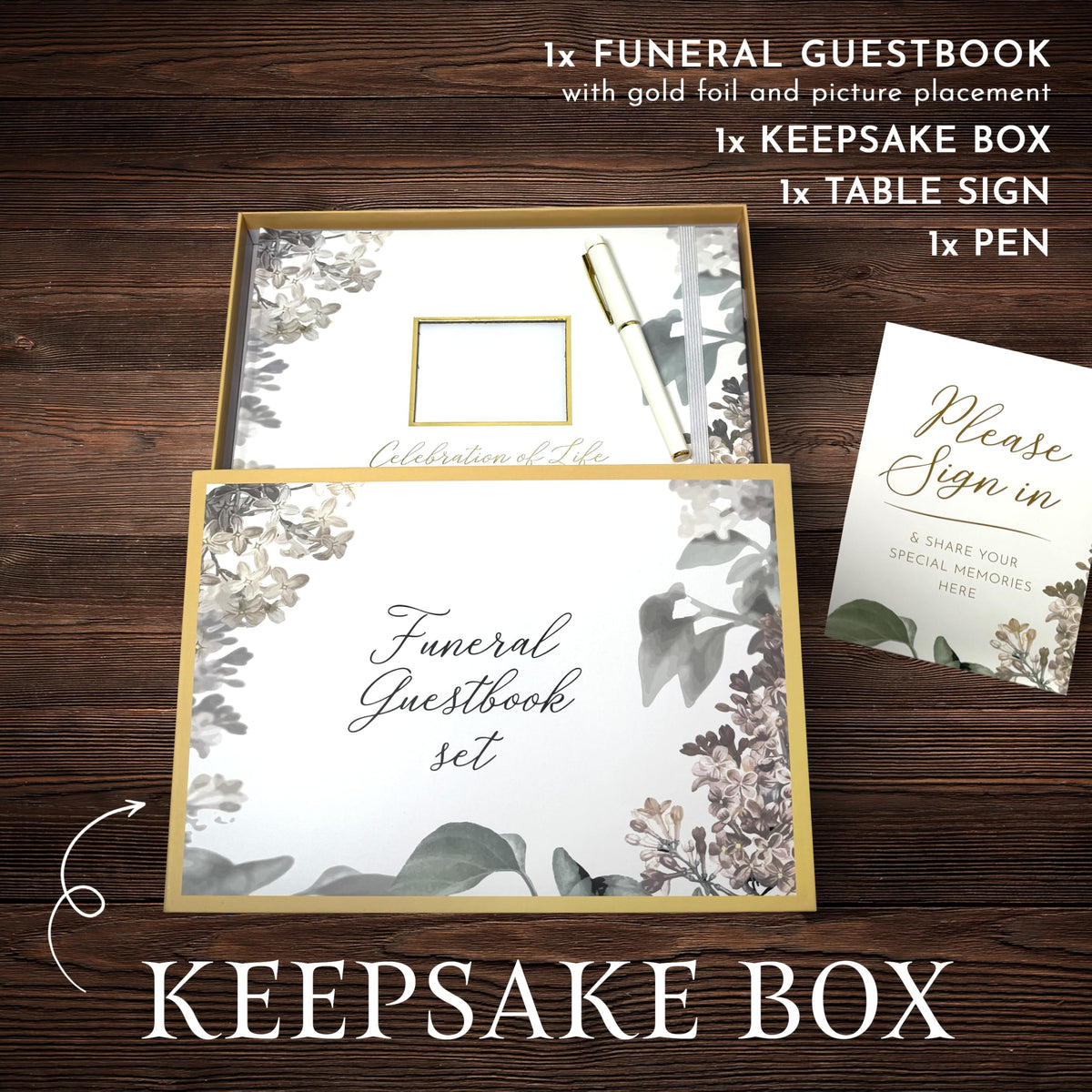 GetProducts elegant white funeral guest book elastic pen loop for neat signing.