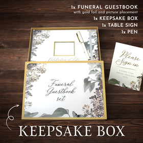 GetProducts elegant white funeral guest book elastic pen loop for neat signing.