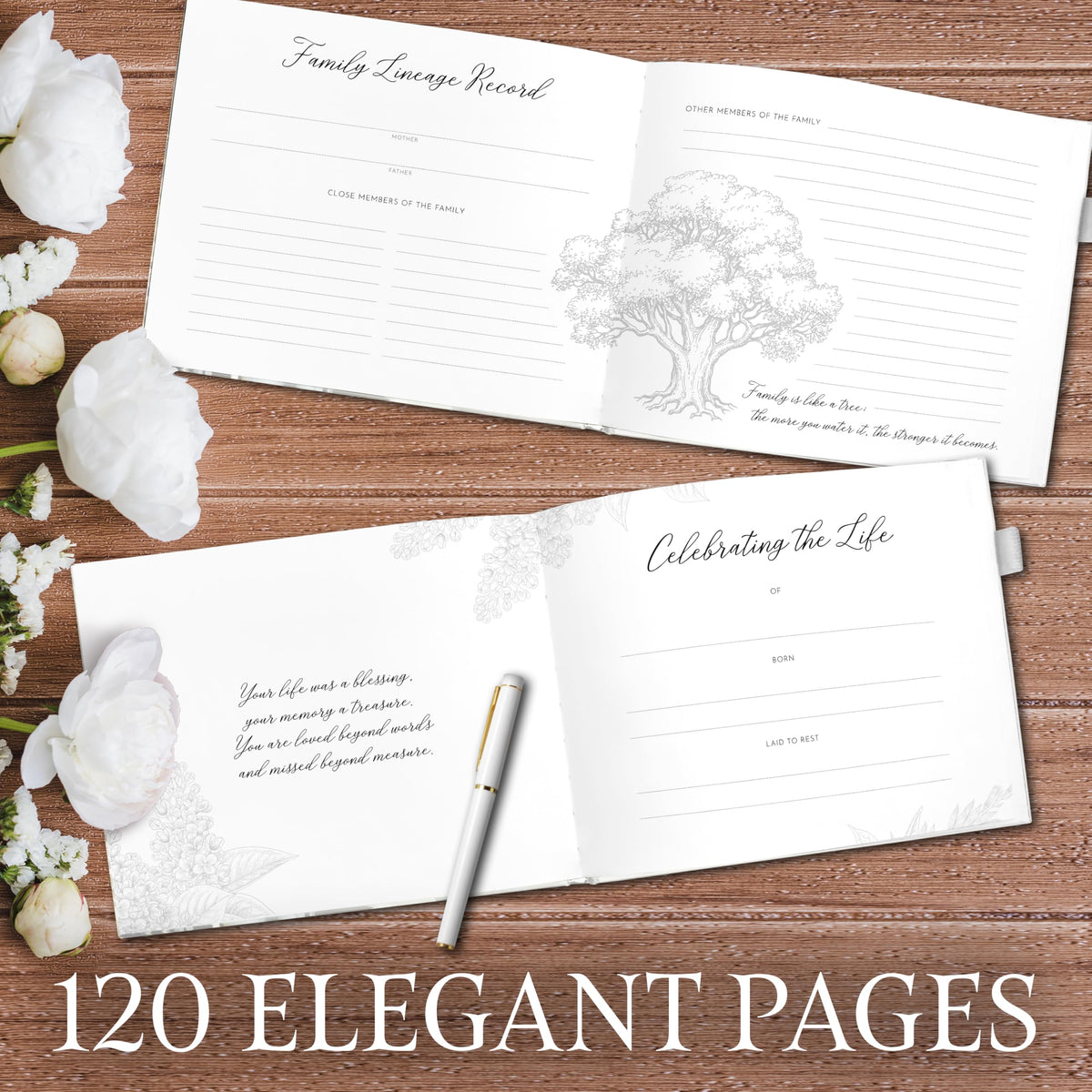 GetProducts elegant white funeral guest book with included pen for writing memories.