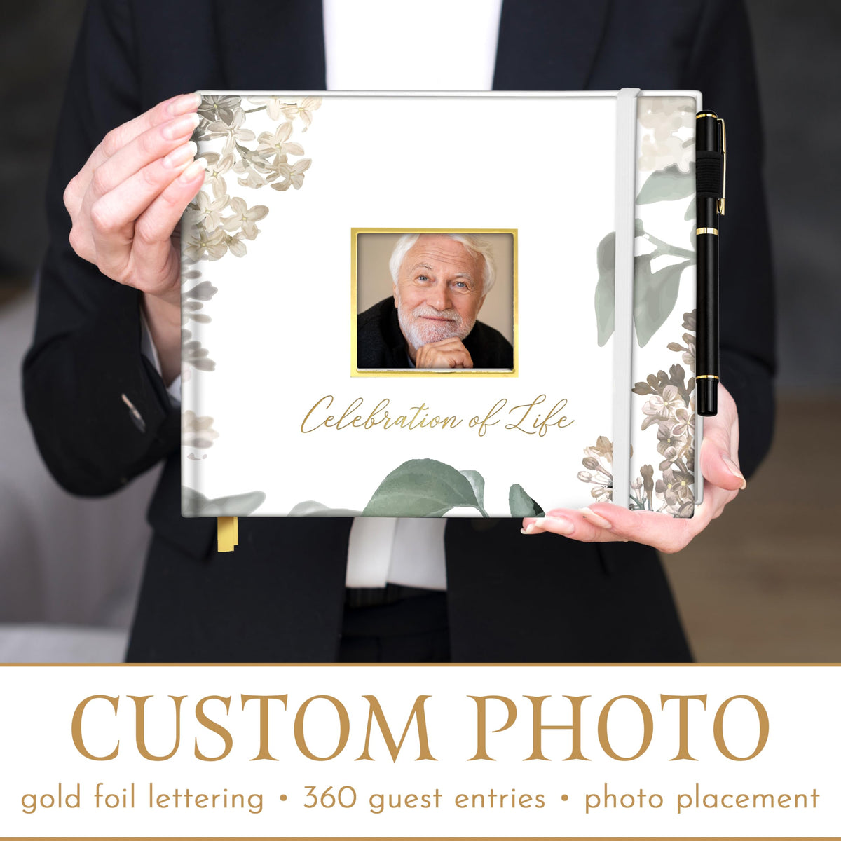 GetProducts elegant white funeral guest book sized around 10 by 8 inches.