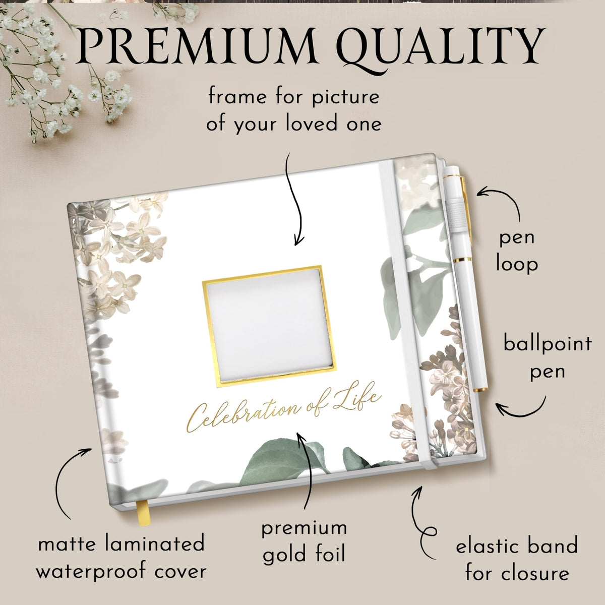 GetProducts elegant white funeral guest book table sign included for easy signage.