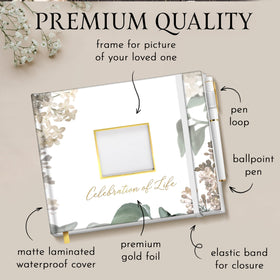 GetProducts elegant white funeral guest book table sign included for easy signage.