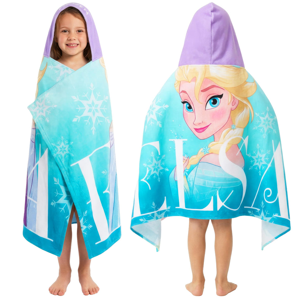Get Trend Disney Frozen hooded towel Elsa closeup shows soft absorbent fabric for after bath warmth