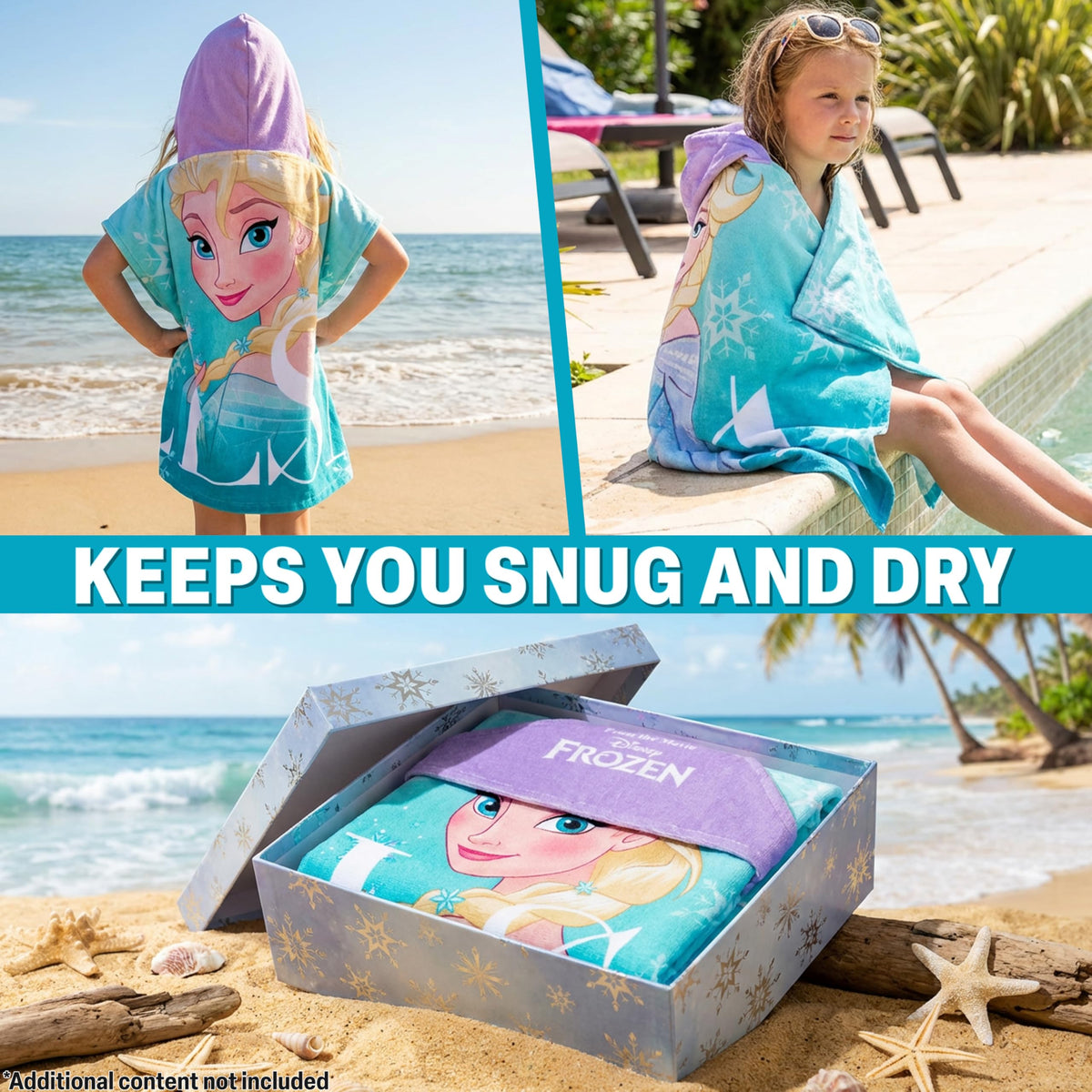 Get Trend hooded towel worn as poncho for kids blue Frozen design for convenient drying between swims