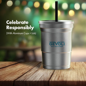 Gevoli aluminum cup with straw-hole lid for easier sipping.