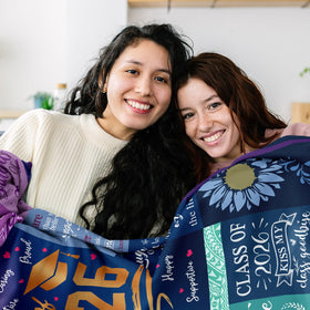 Gevuto blanket in blue and purple print adds celebratory style