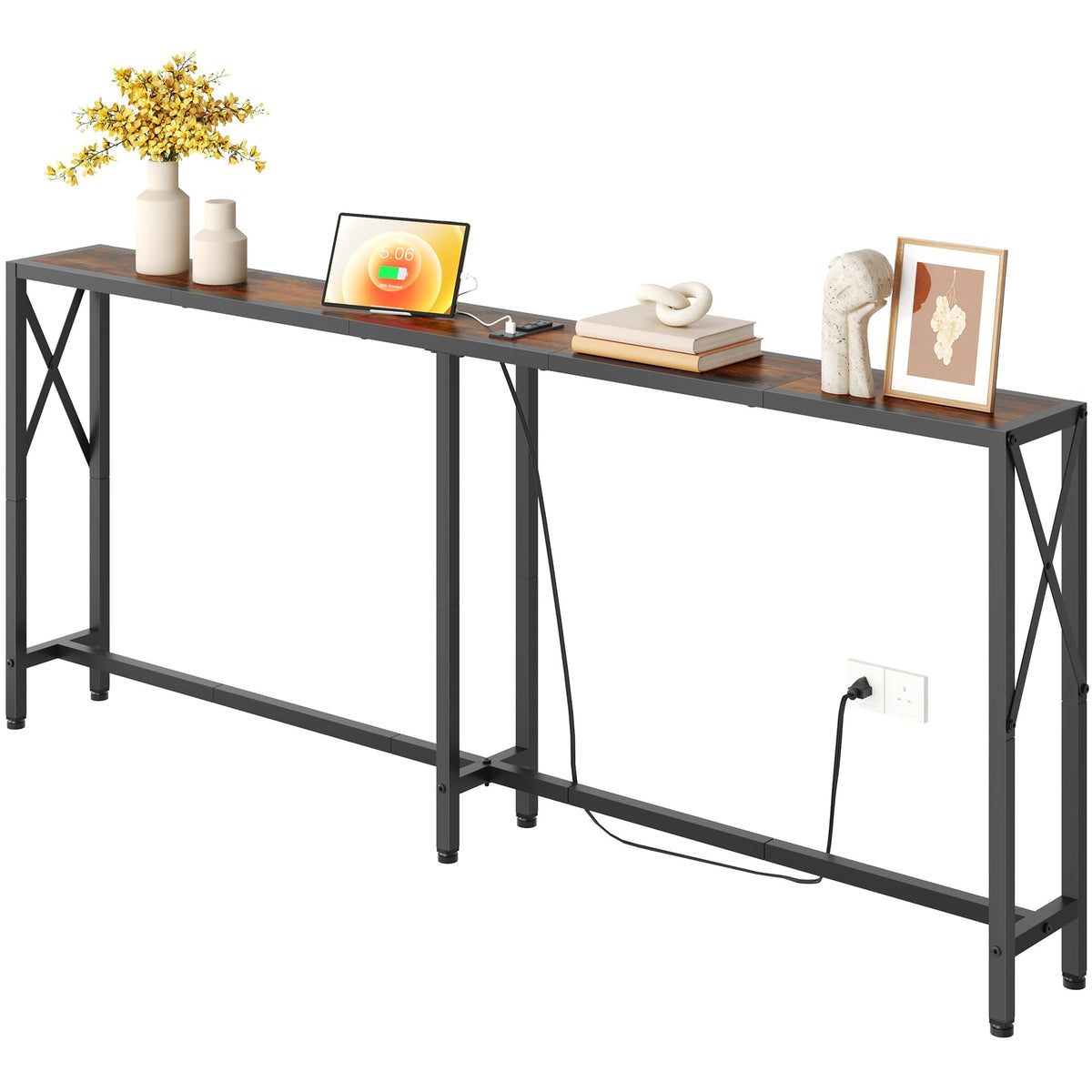 Gewudraw 70in skinny sofa table behind couch shows charging and display area