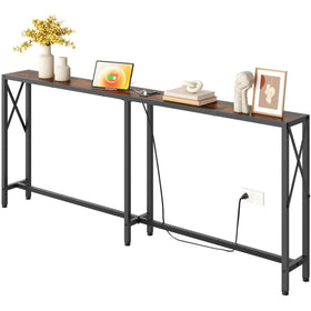 Gewudraw 70in skinny sofa table behind couch shows charging and display area