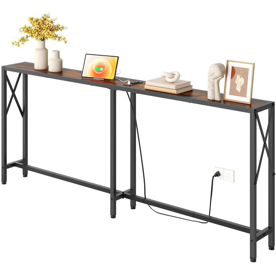 Gewudraw 70in skinny sofa table behind couch shows charging and display area