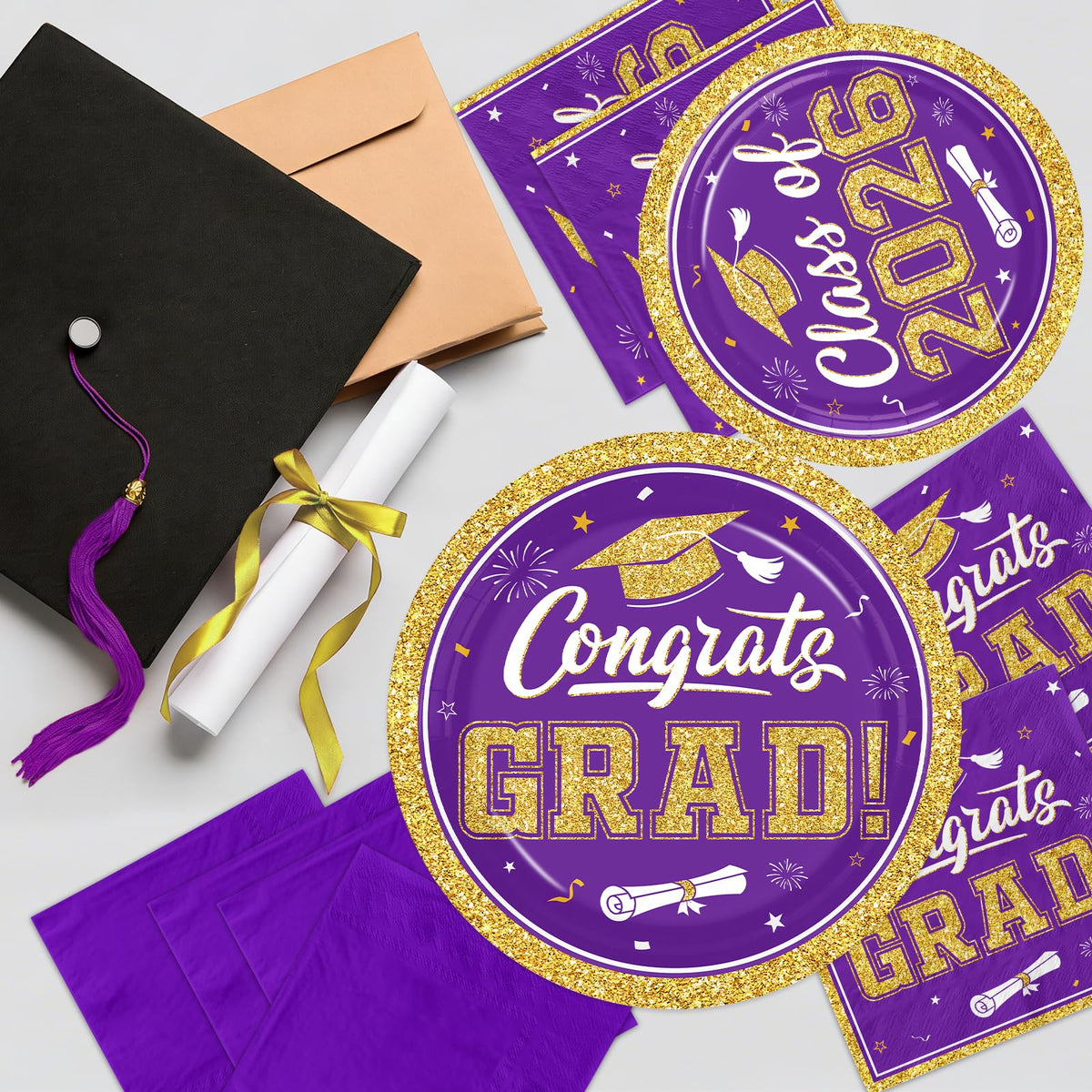 Gexlaju purple and gold graduation napkins create color-coordinated table protection.