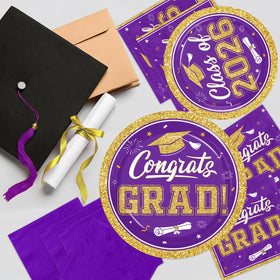 Gexlaju purple and gold graduation napkins create color-coordinated table protection.